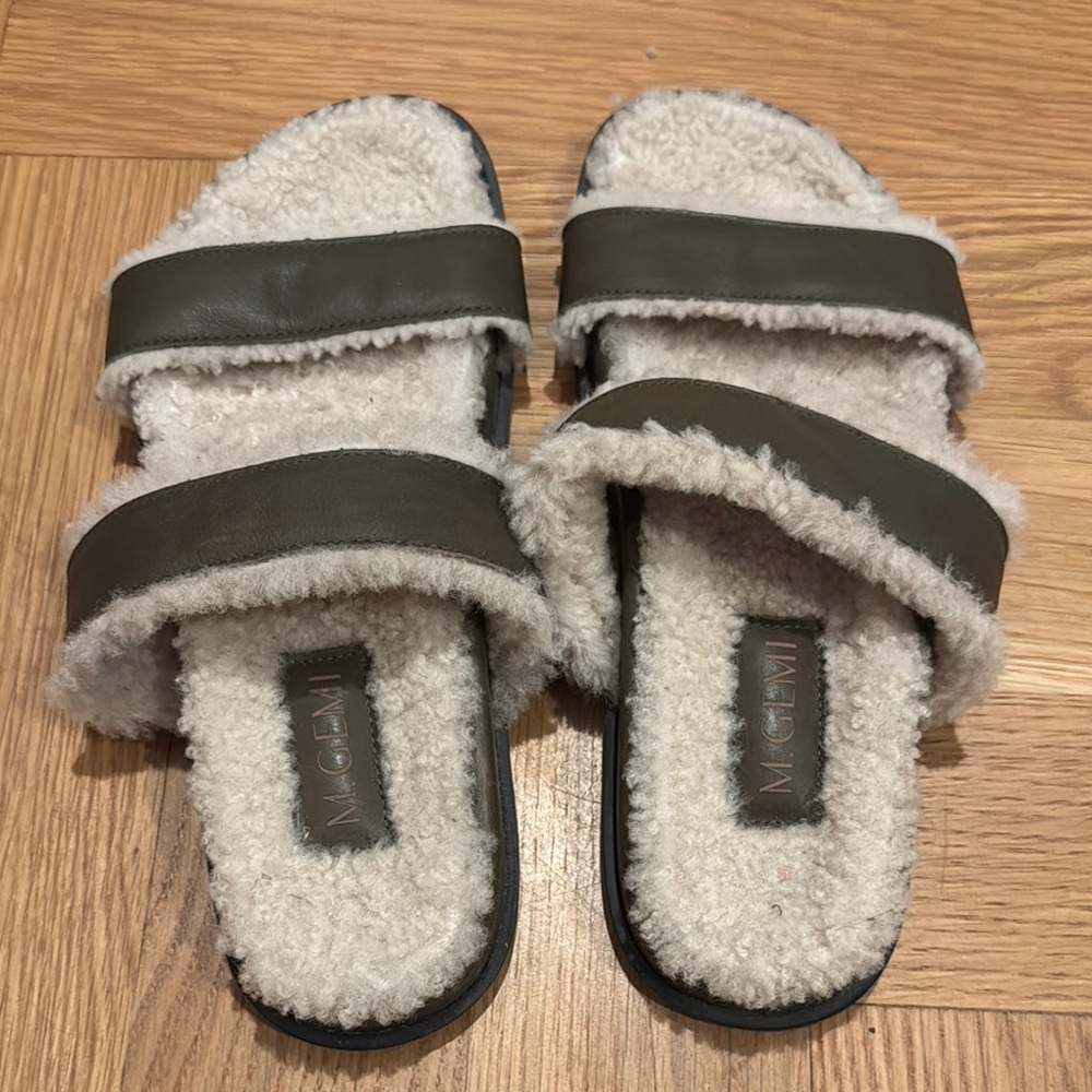 M. Gemi Olive Shearling Slides 38.5